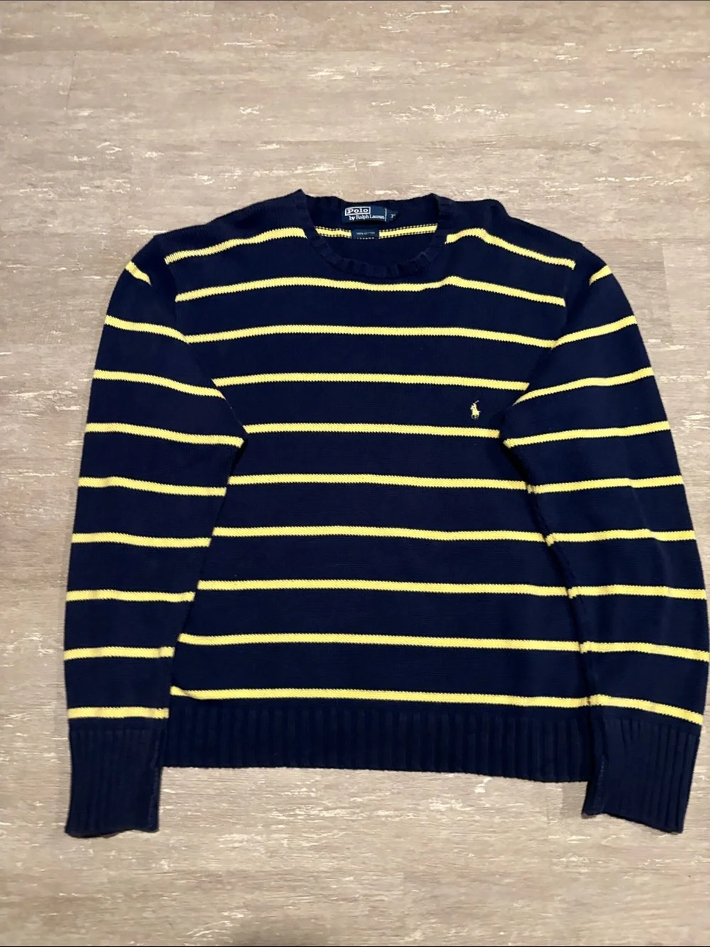 Polo by Ralph Lauren Navy Crewneck Sweater with Yellow Stripes